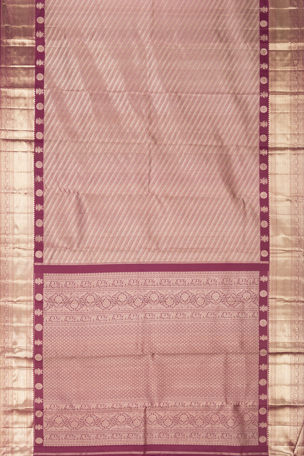 Flat view of Pure Silk Maroon Kanjivaram Saree with Zari Brocade on the body and Fancy Border. 