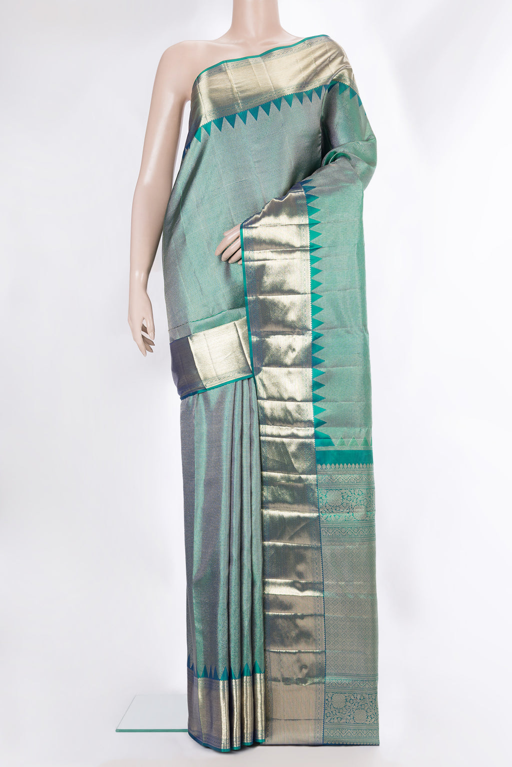 Pure Silk Green Dual Tone Kanjivaram Saree with Zari Brocade on the body and Fancy Border.  displayed on a mannequin