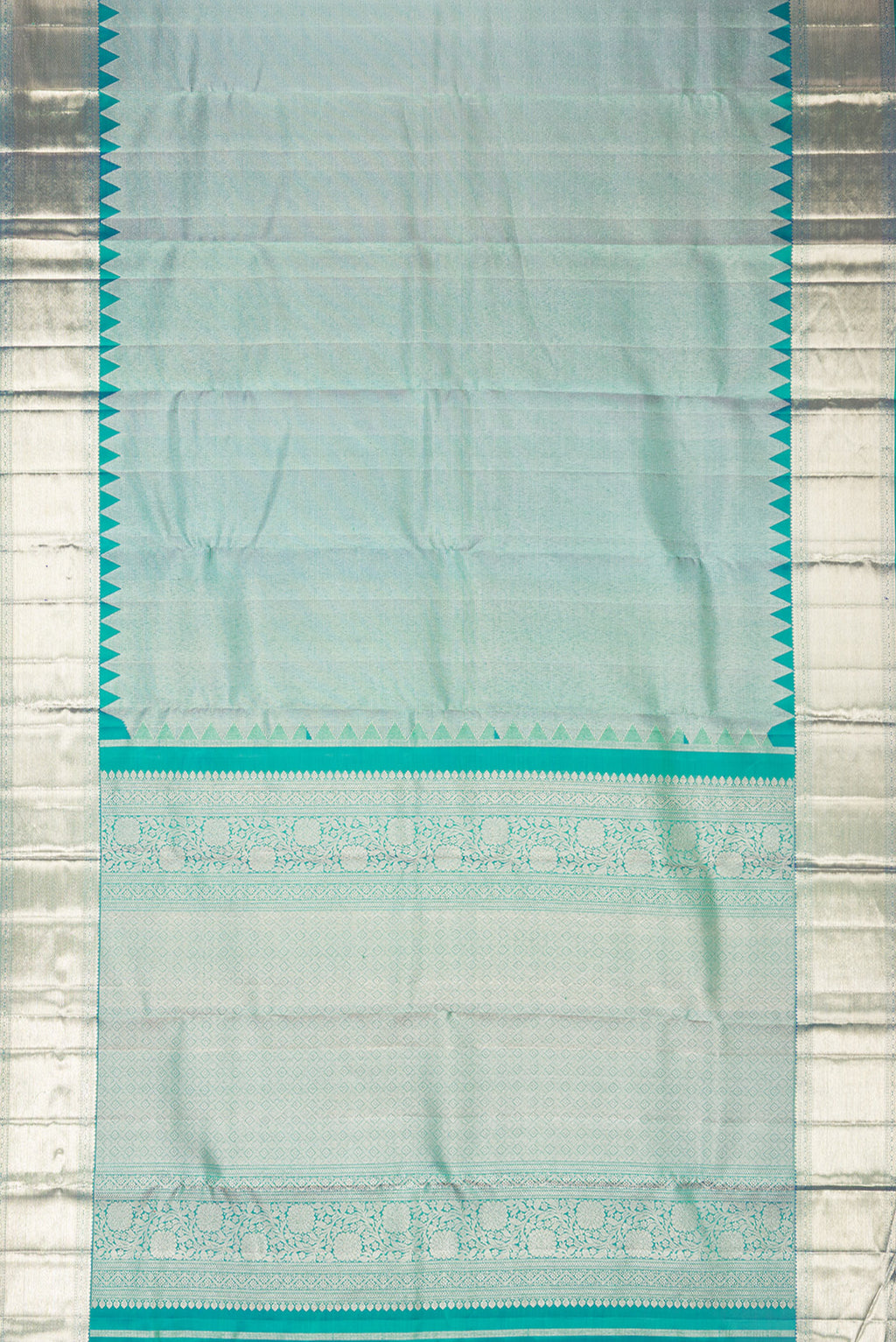Flat view of Pure Silk Green Dual Tone Kanjivaram Saree with Zari Brocade on the body and Fancy Border. 