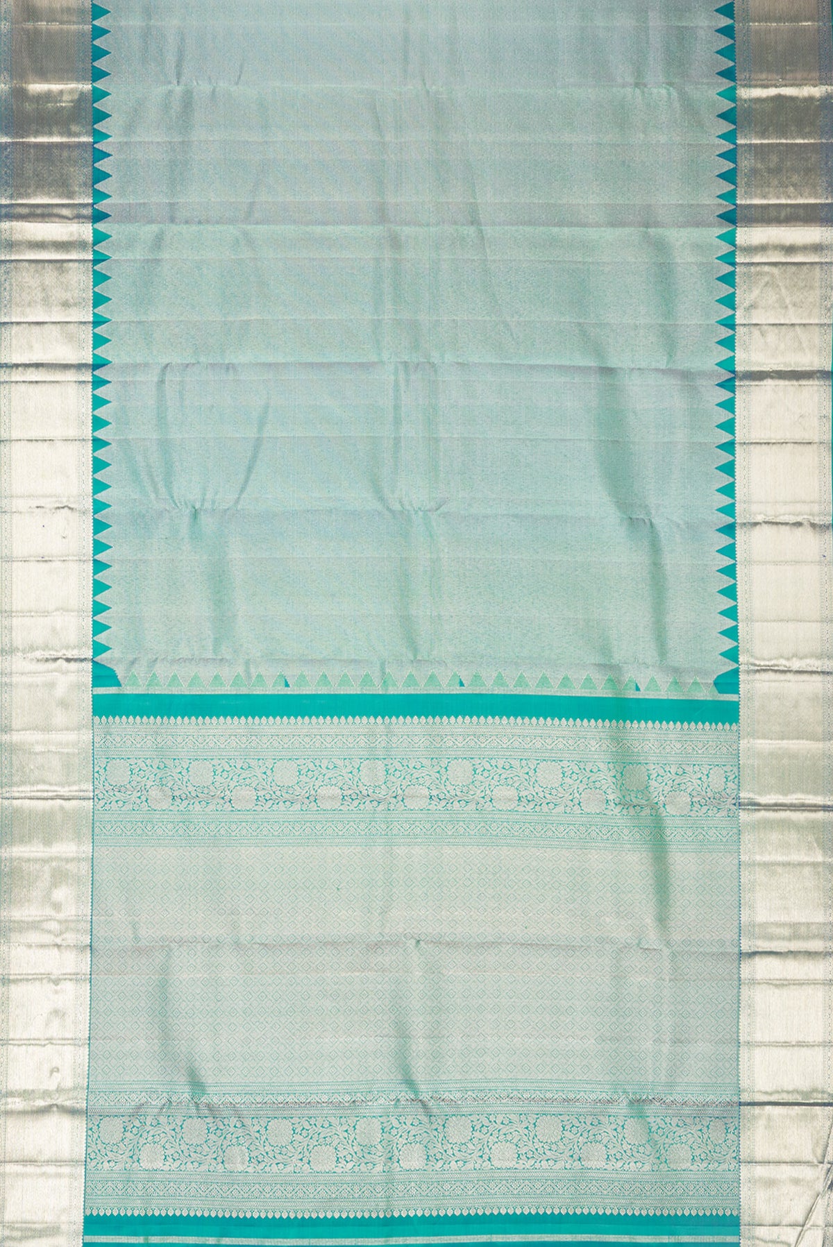 Flat view of Pure Silk Green Dual Tone Kanjivaram Saree with Zari Brocade on the body and Fancy Border. 