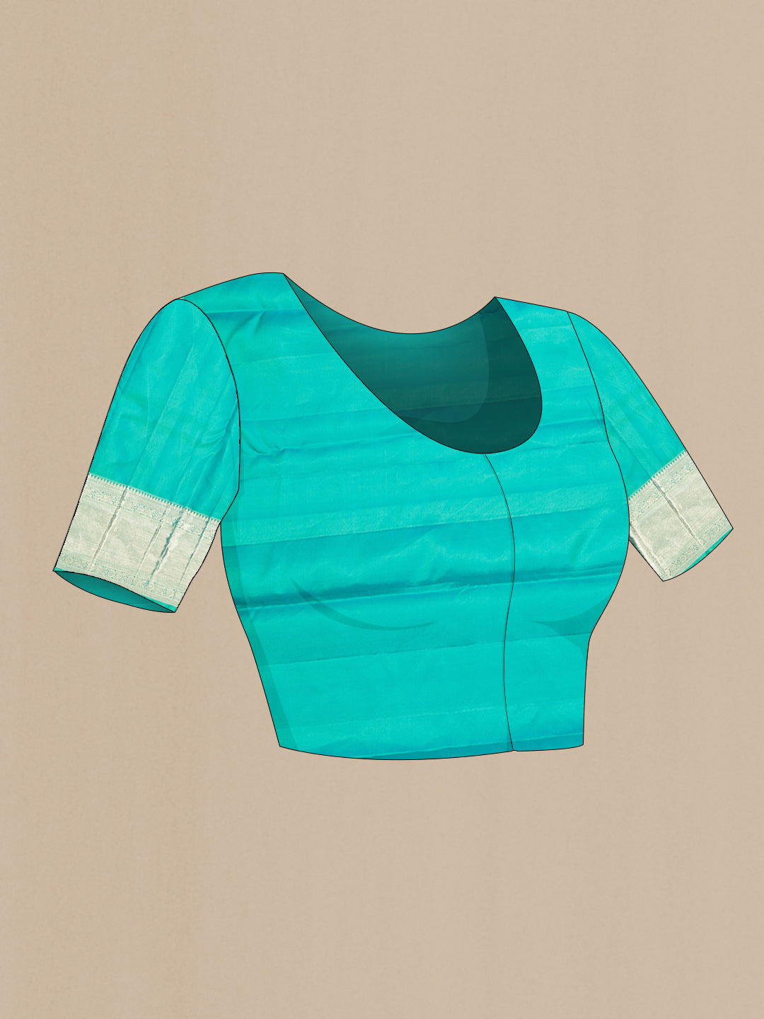 Close up image of the blouse of Pure Silk Sea Green Dual Tone Kanjivaram Saree with Zari Brocade on the body and Zari Border. 