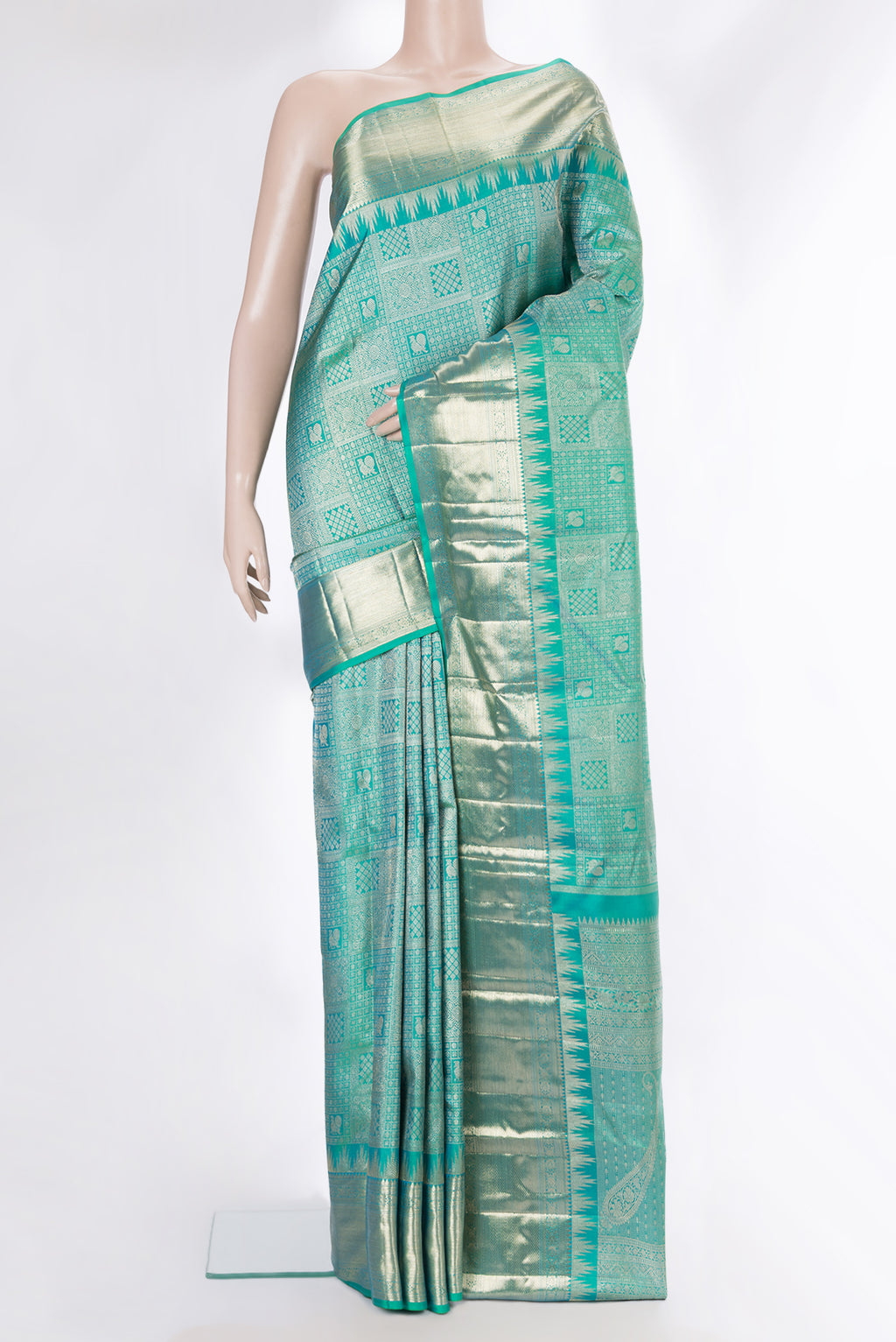 Pure Silk Sea Green Dual Tone Kanjivaram Saree with Zari Brocade on the body and Zari Border.  displayed on a mannequin