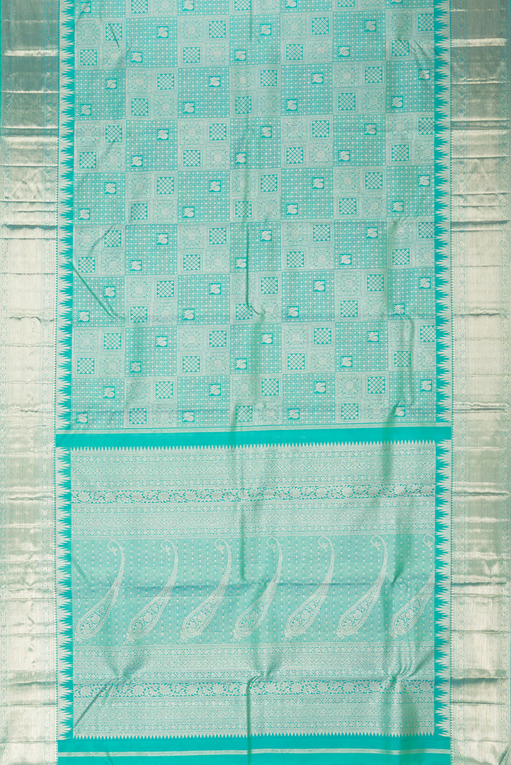 Flat view of Pure Silk Sea Green Dual Tone Kanjivaram Saree with Zari Brocade on the body and Zari Border. 