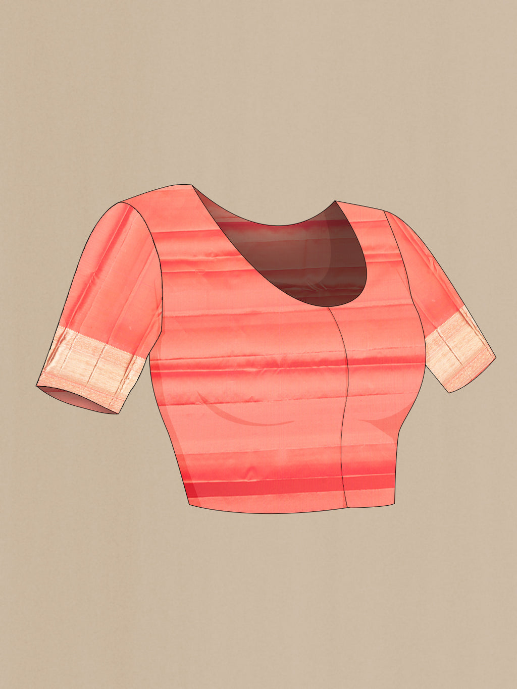 Close up image of the blouse of Pure Silk Peach Dual Tone Kanjivaram Saree with Zari Brocade on the body and Fancy Border. 