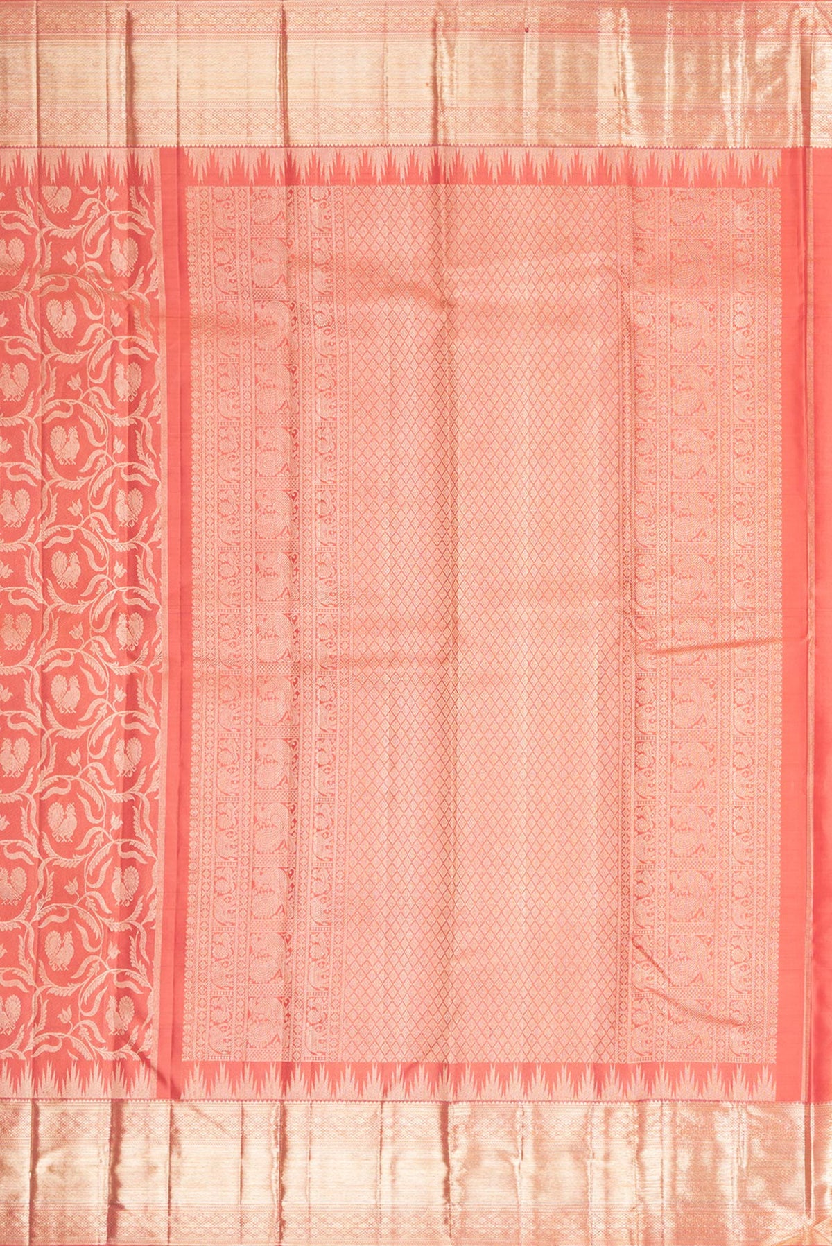 Close up image of the pallu of Pure Silk Peach Dual Tone Kanjivaram Saree with Zari Brocade on the body and Fancy Border. 