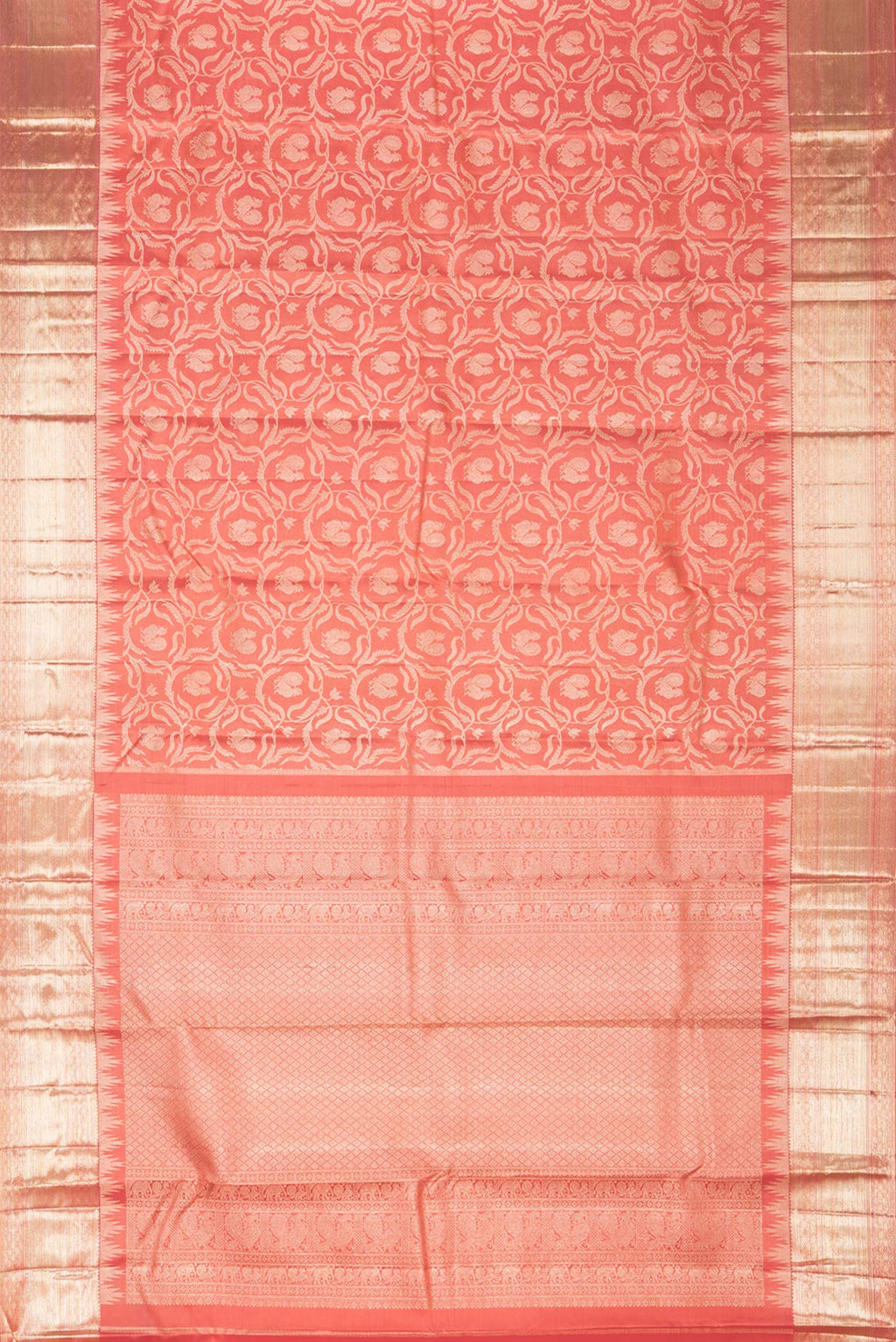 Flat view of Pure Silk Peach Dual Tone Kanjivaram Saree with Zari Brocade on the body and Fancy Border. 