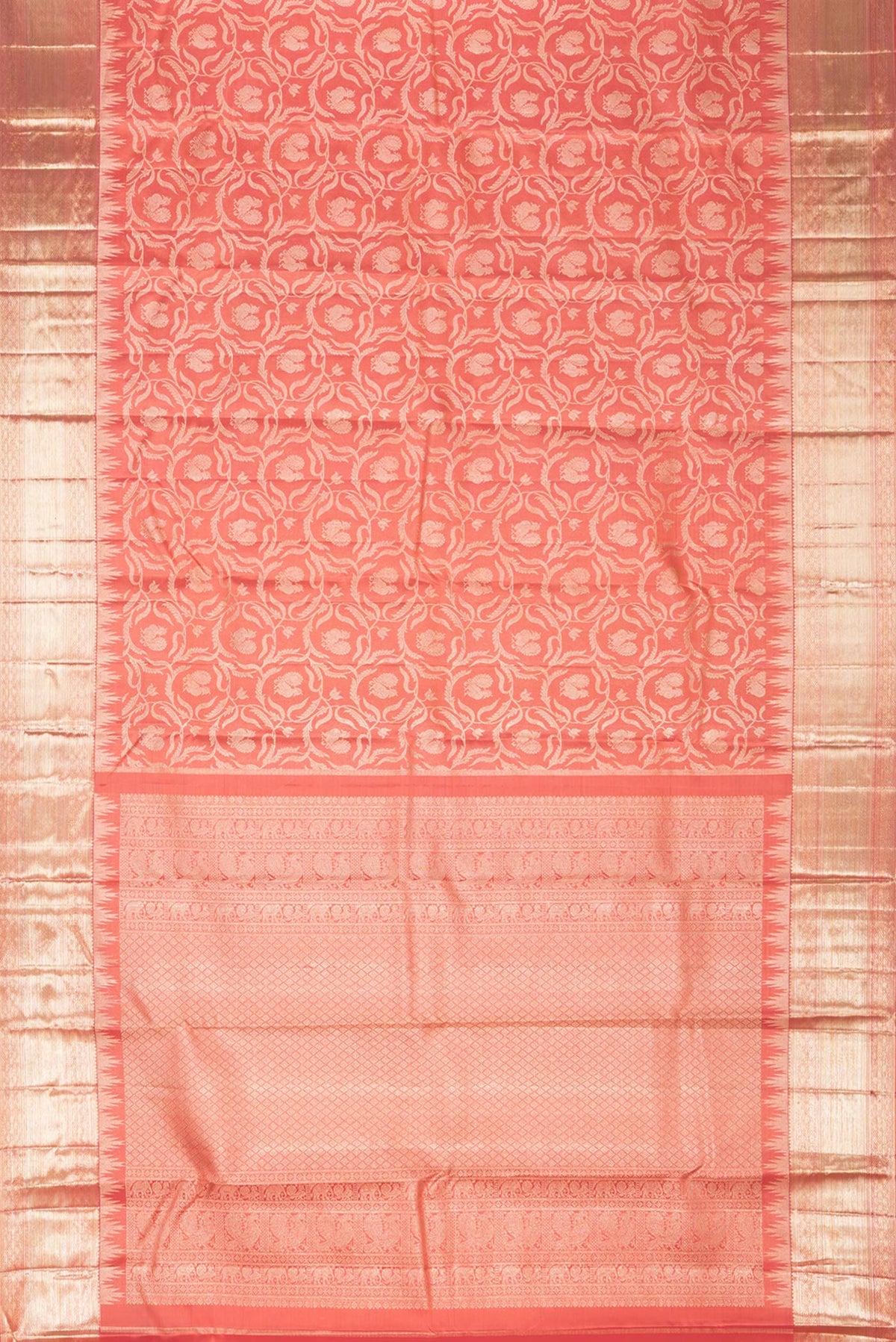Flat view of Pure Silk Peach Dual Tone Kanjivaram Saree with Zari Brocade on the body and Fancy Border. 