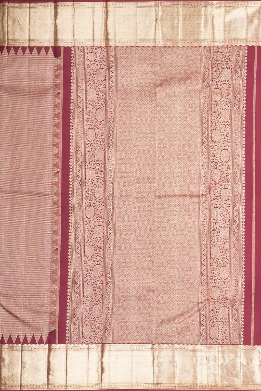 Close up image of the pallu of Pure Silk Maroon Kanjivaram Saree with Zari Brocade on the body and Fancy Border. 