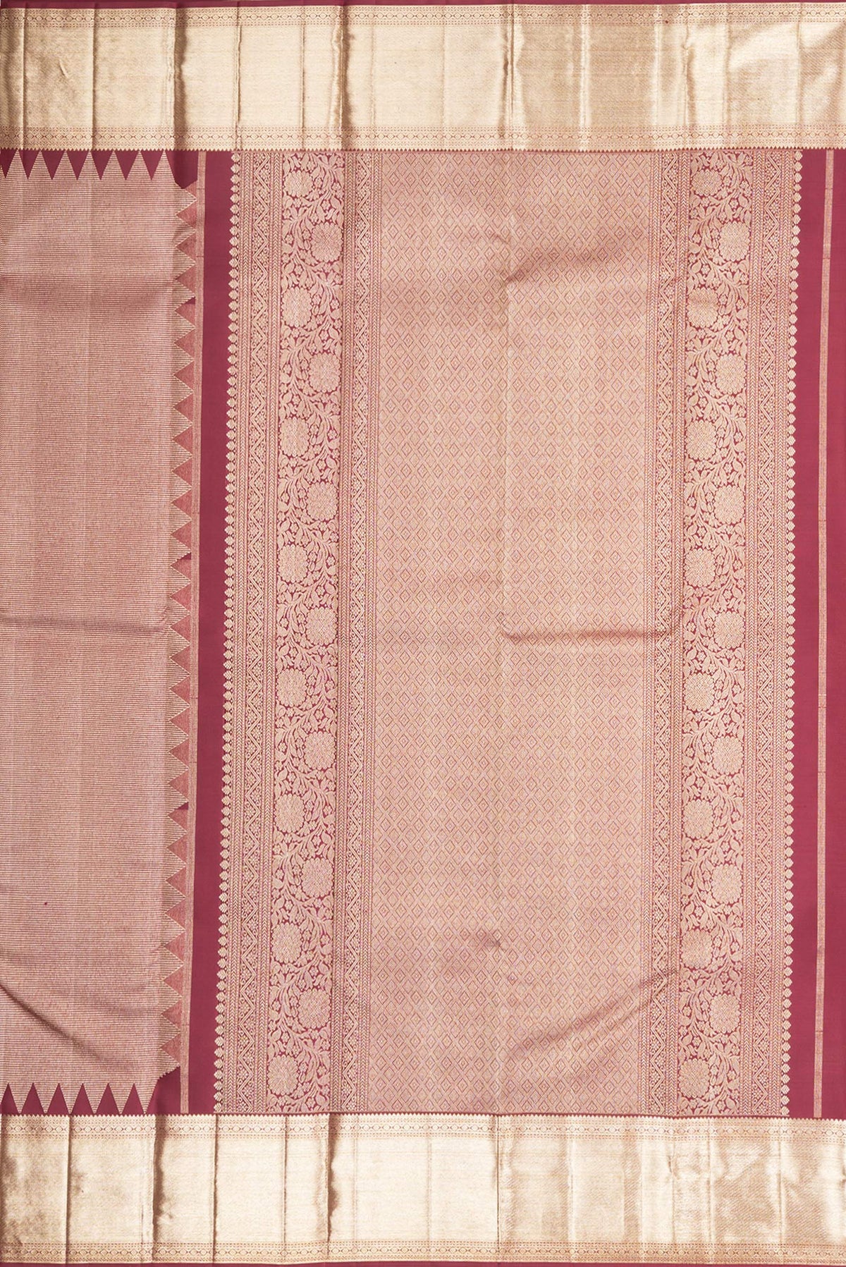 Close up image of the pallu of Pure Silk Maroon Kanjivaram Saree with Zari Brocade on the body and Fancy Border. 