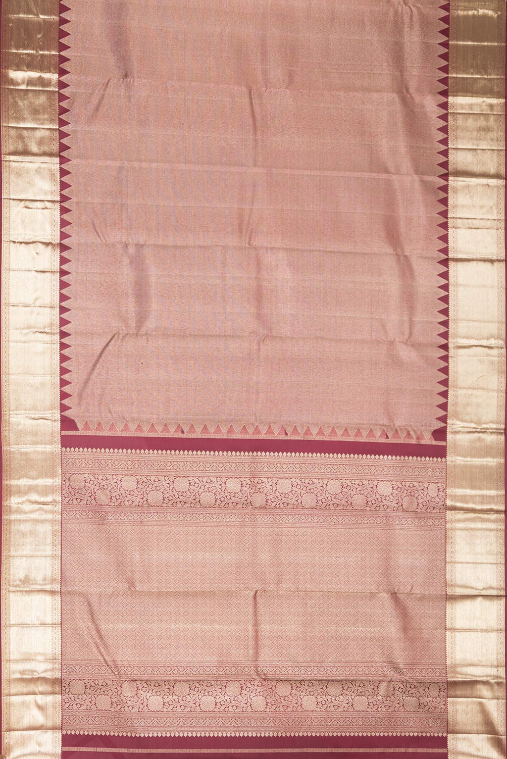 Flat view of Pure Silk Maroon Kanjivaram Saree with Zari Brocade on the body and Fancy Border. 