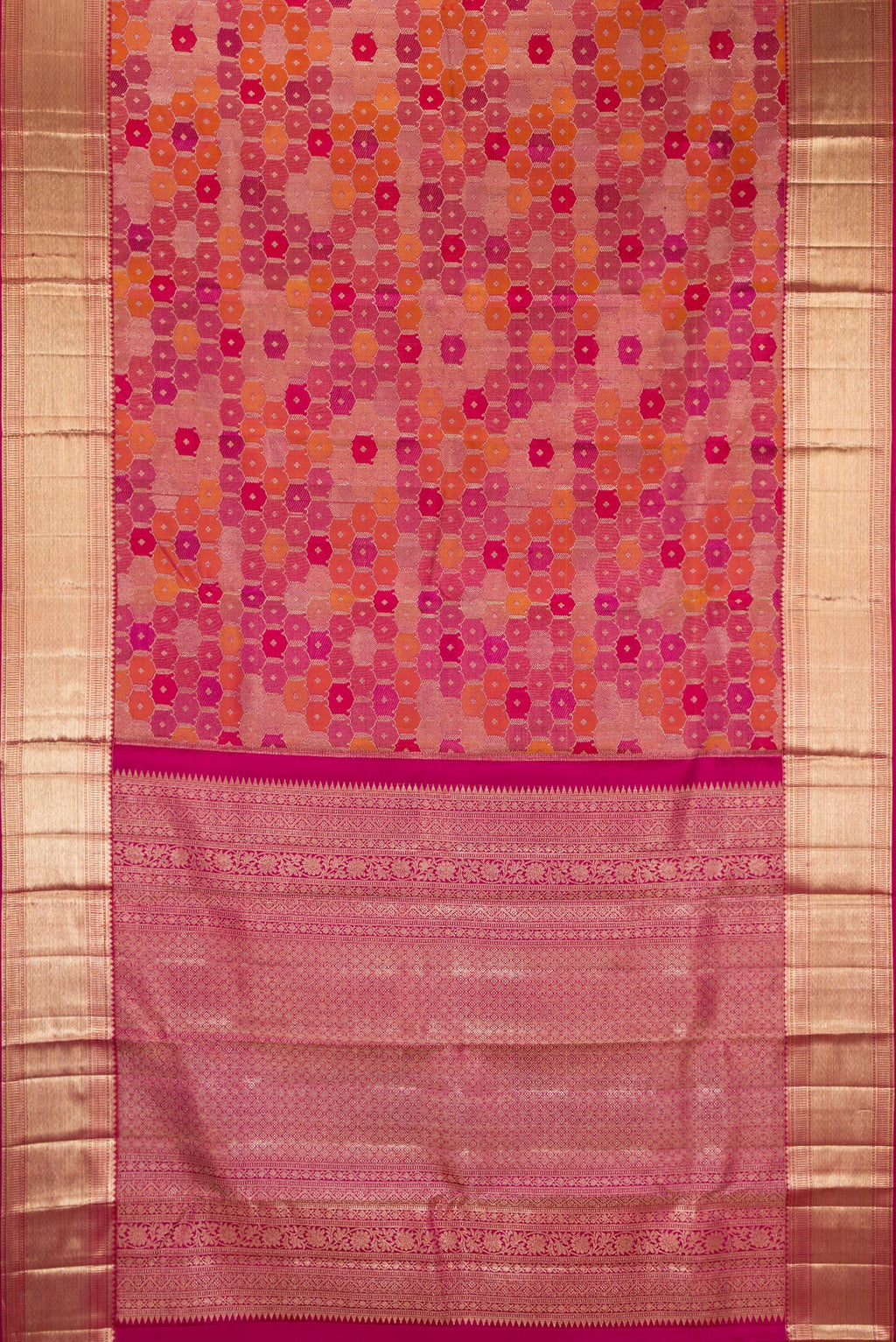 Flat view of Pure Silk Magenta Dual Tone Kanjivaram Saree with Zari Brocade on the body and Zari Border. 