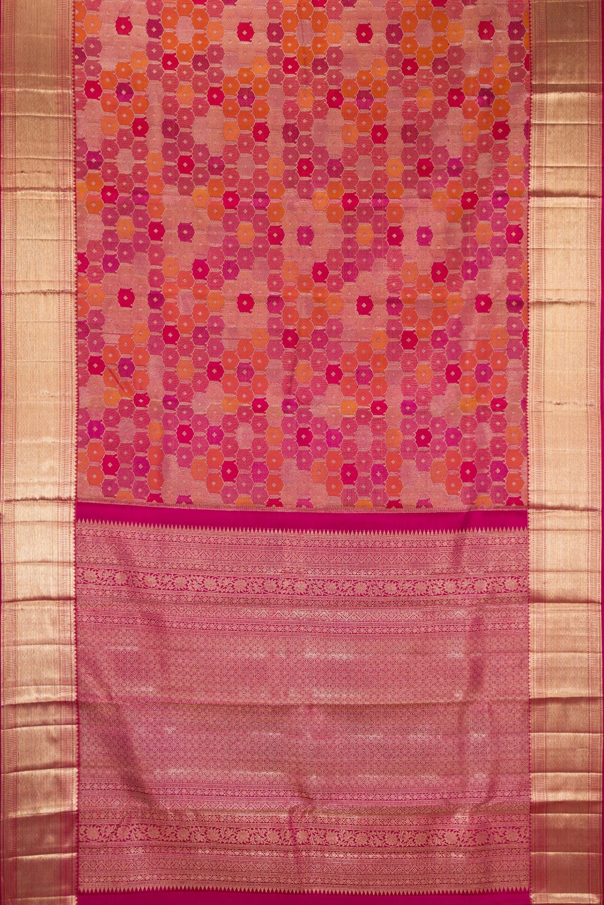 Flat view of Pure Silk Magenta Dual Tone Kanjivaram Saree with Zari Brocade on the body and Zari Border. 