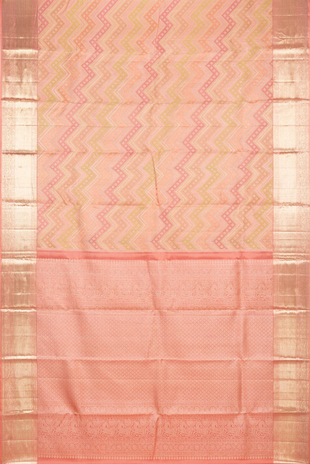 Flat view of Pure Silk Golden Peach Dual Tone Kanjivaram Saree with Zari Brocade on the body and Zari Border. 