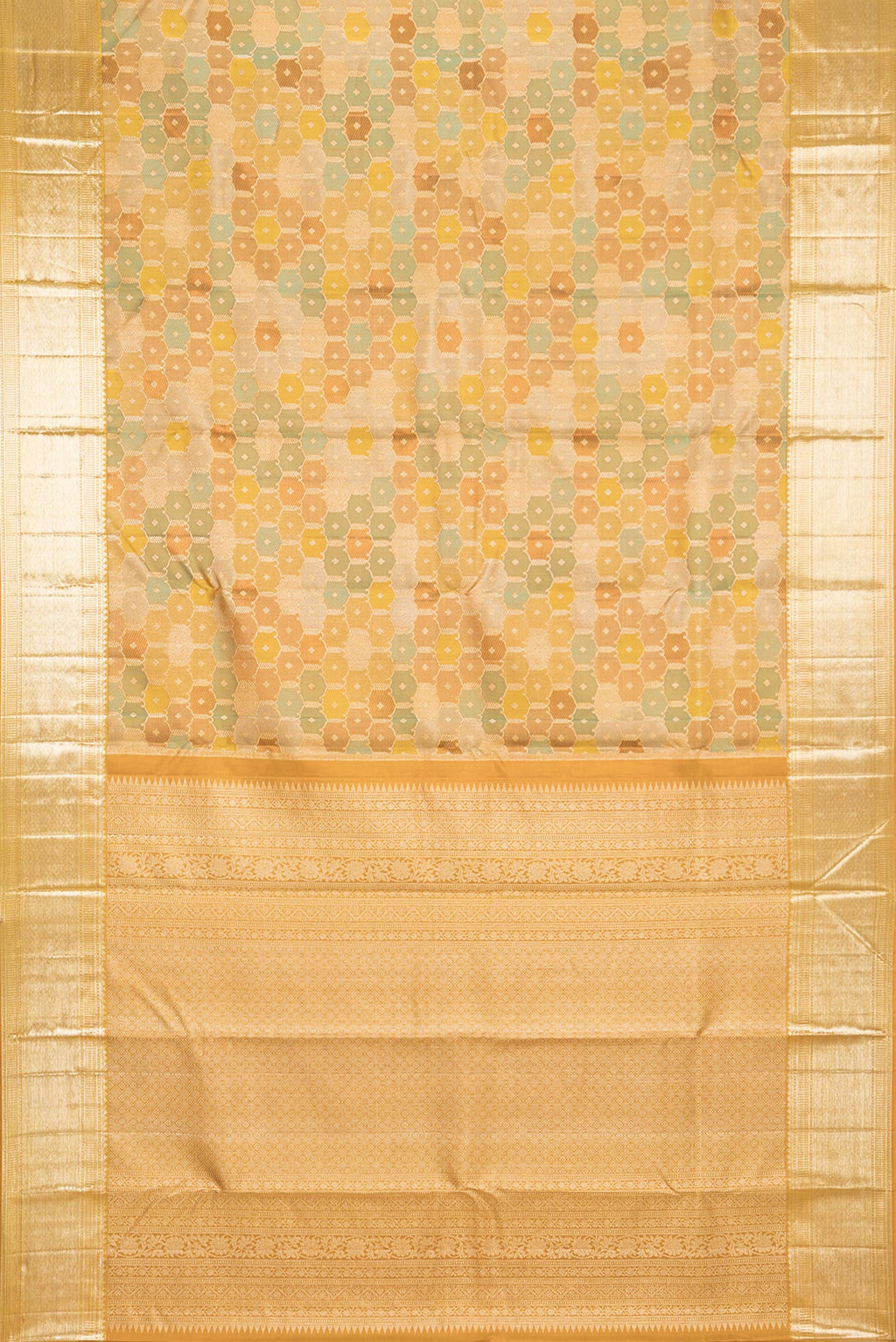 Flat view of Pure Silk Mustard Kanjivaram Saree with Zari Brocade on the body and Zari Border. 