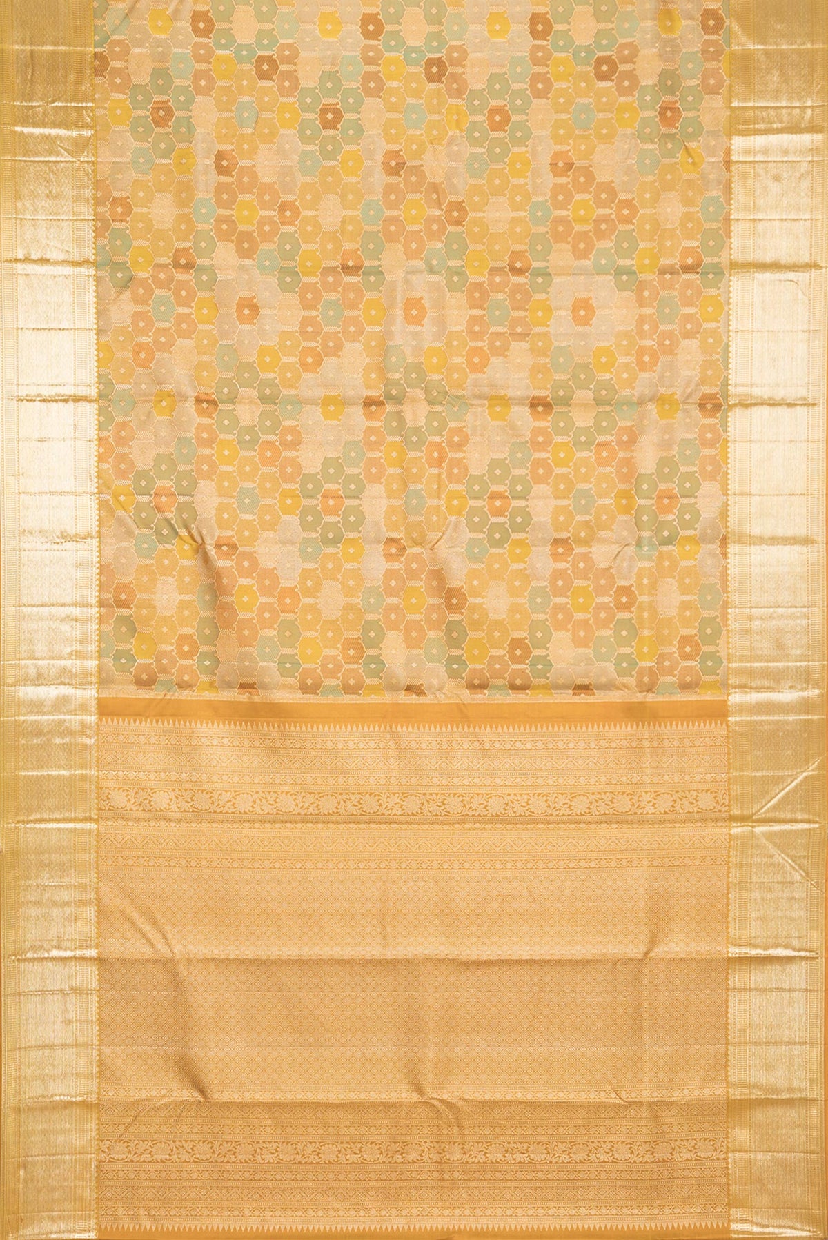 Flat view of Pure Silk Mustard Kanjivaram Saree with Zari Brocade on the body and Zari Border. 