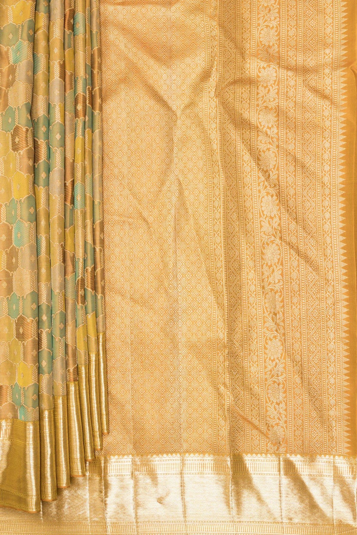 Pleats and pallu of Pure Silk Mustard Kanjivaram Saree with Zari Brocade on the body and Zari Border. 