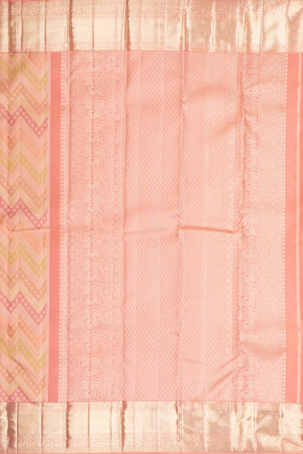 Close up image of the pallu of Pure Silk Peach Dual Tone Kanjivaram Saree with Zari Brocade on the body and Zari Border. 