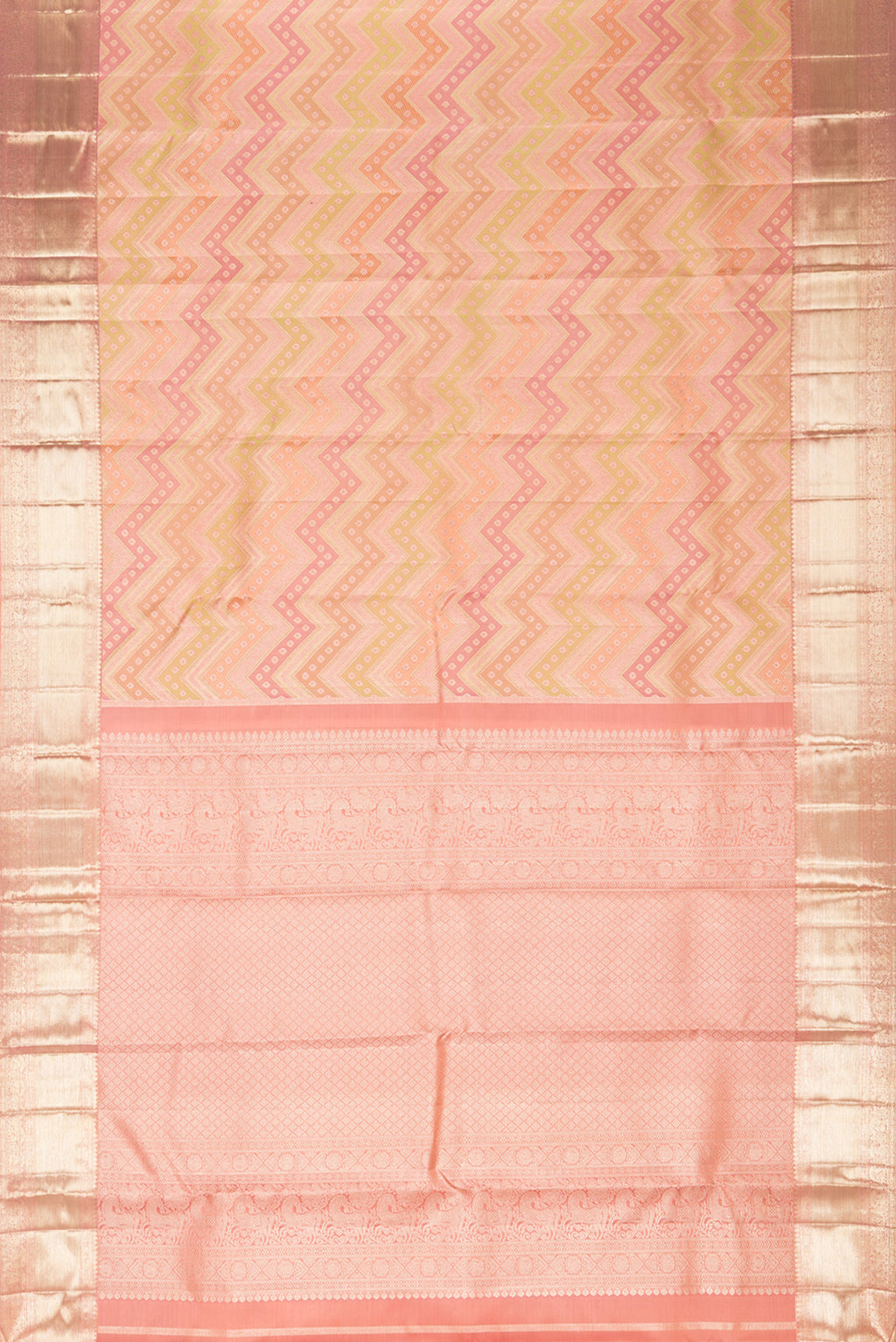 Flat view of Pure Silk Peach Dual Tone Kanjivaram Saree with Zari Brocade on the body and Zari Border. 