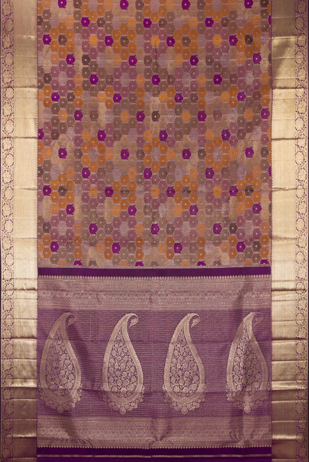 Flat view of Pure Silk Purple Dual Tone Kanjivaram Saree with Zari Brocade on the body and Zari Border. 