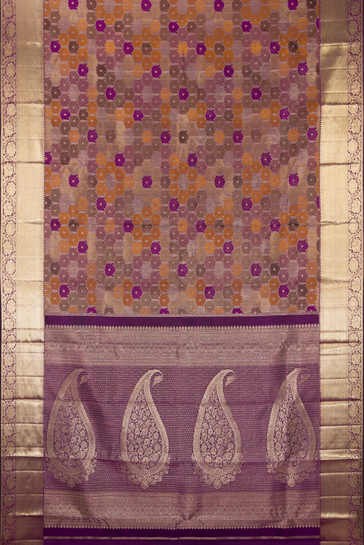 Flat view of Pure Silk Purple Dual Tone Kanjivaram Saree with Zari Brocade on the body and Zari Border. 