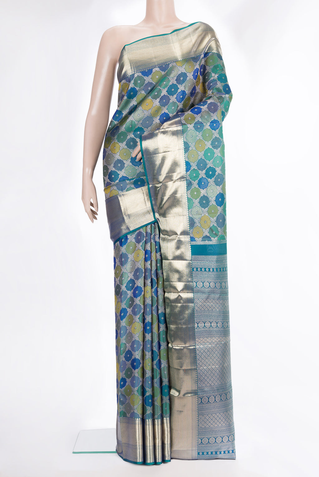 Pure Silk Peacock Blue Dual Tone Kanjivaram Saree with Zari Brocade on the body and Zari Border.  displayed on a mannequin
