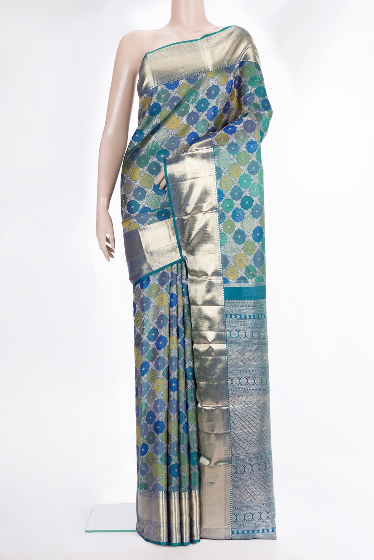 Pure Silk Peacock Blue Dual Tone Kanjivaram Saree with Zari Brocade on the body and Zari Border.  displayed on a mannequin