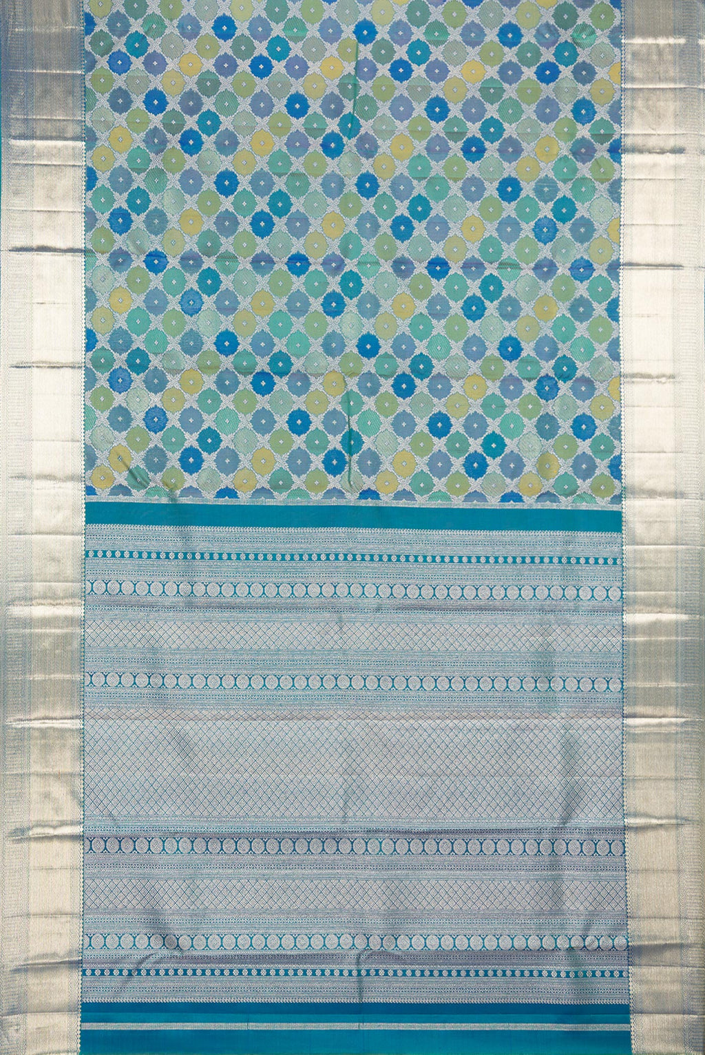 Flat view of Pure Silk Peacock Blue Dual Tone Kanjivaram Saree with Zari Brocade on the body and Zari Border. 