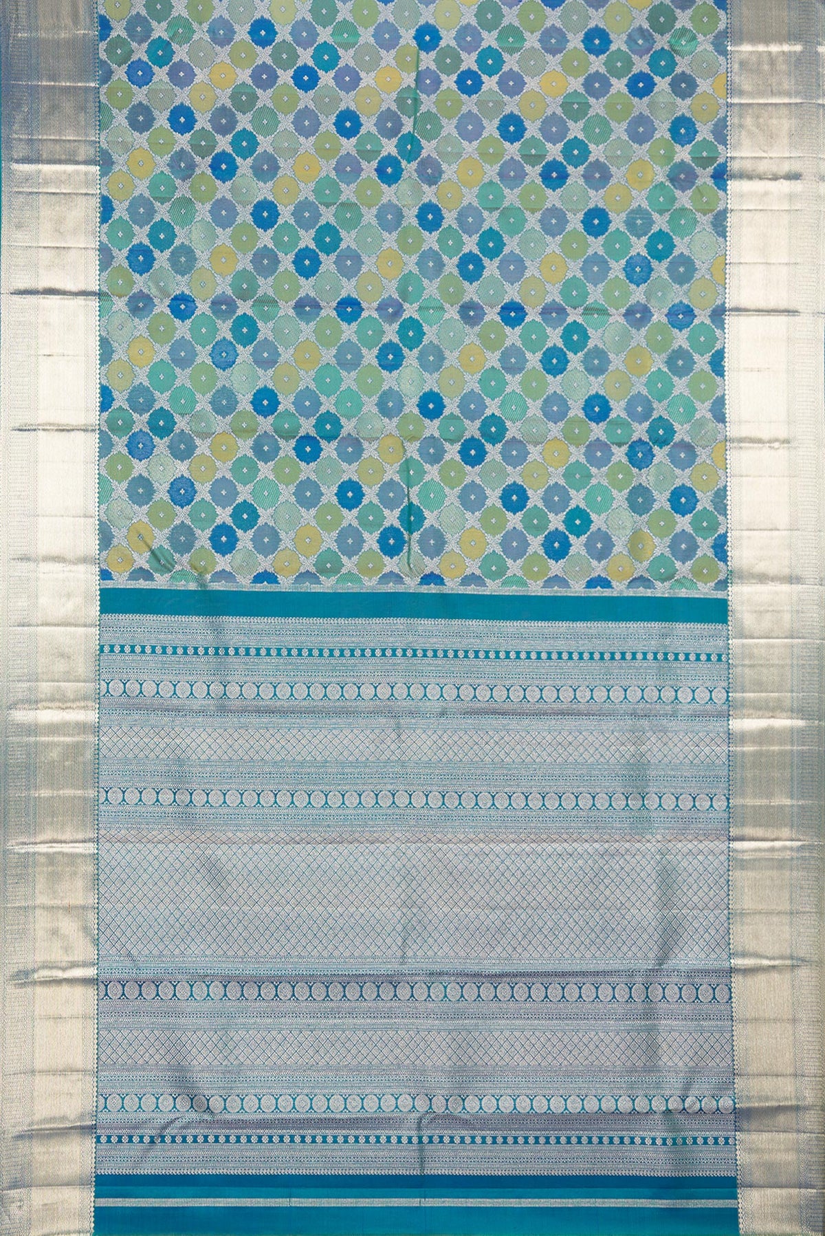Flat view of Pure Silk Peacock Blue Dual Tone Kanjivaram Saree with Zari Brocade on the body and Zari Border. 