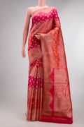 Pure Silk Pink and Orange Color Kanjivaram Saree with Zari Brocade on the body and Fancy Border.  displayed on a mannequin