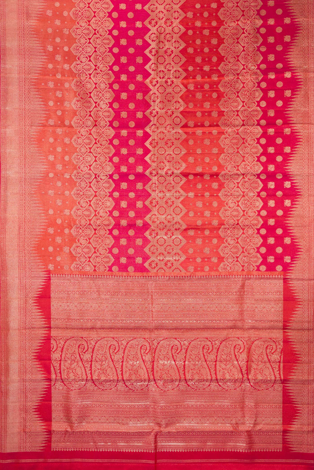 Flat view of Pure Silk Pink and Orange Color Kanjivaram Saree with Zari Brocade on the body and Fancy Border. 