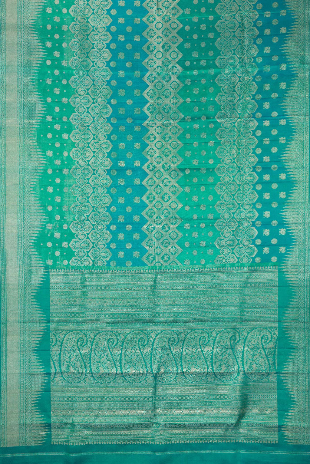 Flat view of Pure Silk Blue and Sea Green Color Kanjivaram Saree with Zari Brocade on the body and Fancy Border. 