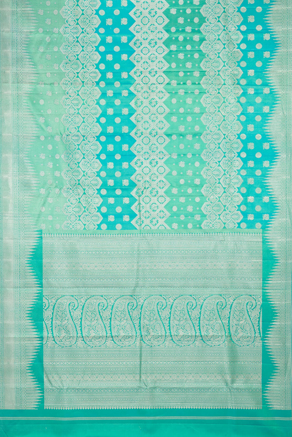 Flat view of Pure Silk Sea Green Dual Tone Kanjivaram Saree with Zari Brocade on the body and Fancy Border. 