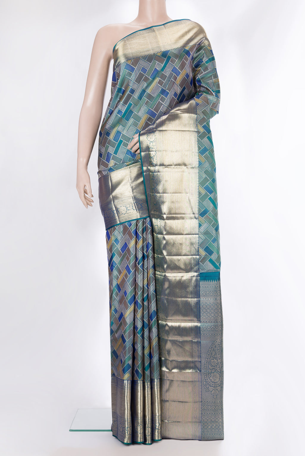 Pure Silk Peacock Blue Dual Tone Kanjivaram Saree with Zari Brocade on the body and Zari Border.  displayed on a mannequin