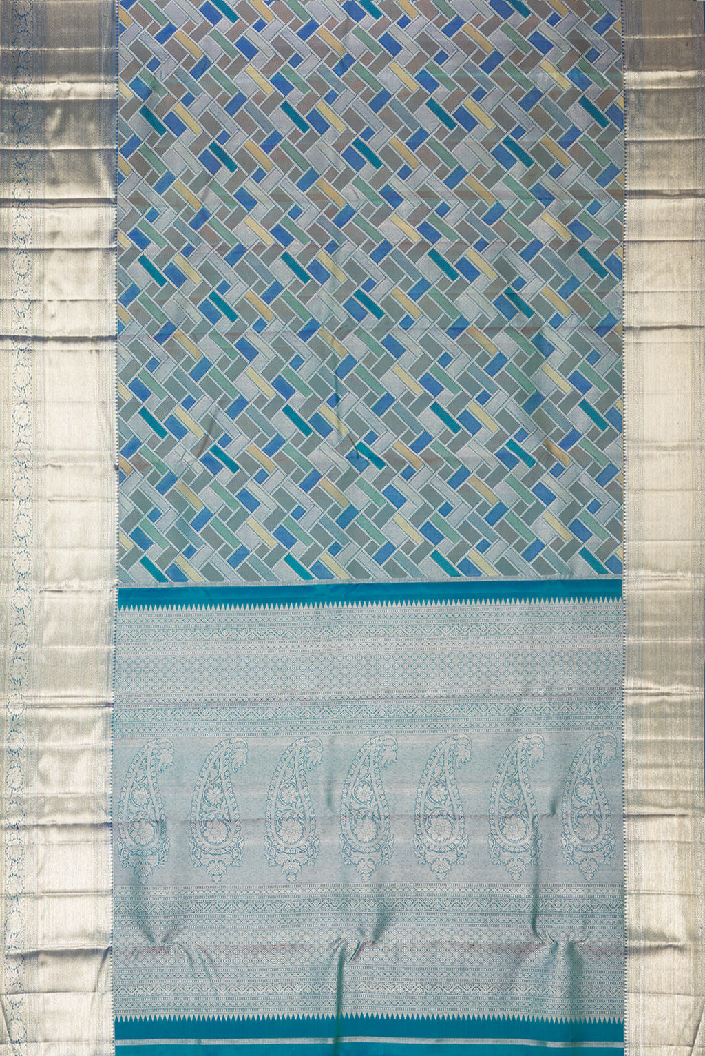 Flat view of Pure Silk Peacock Blue Dual Tone Kanjivaram Saree with Zari Brocade on the body and Zari Border. 