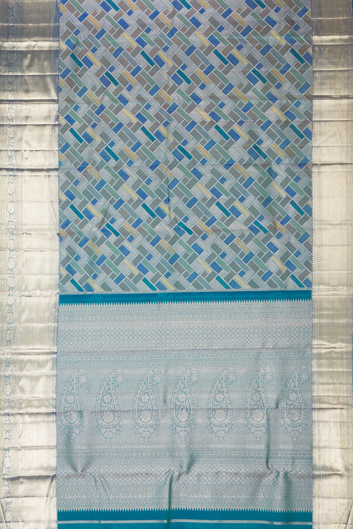 Flat view of Pure Silk Peacock Blue Dual Tone Kanjivaram Saree with Zari Brocade on the body and Zari Border. 
