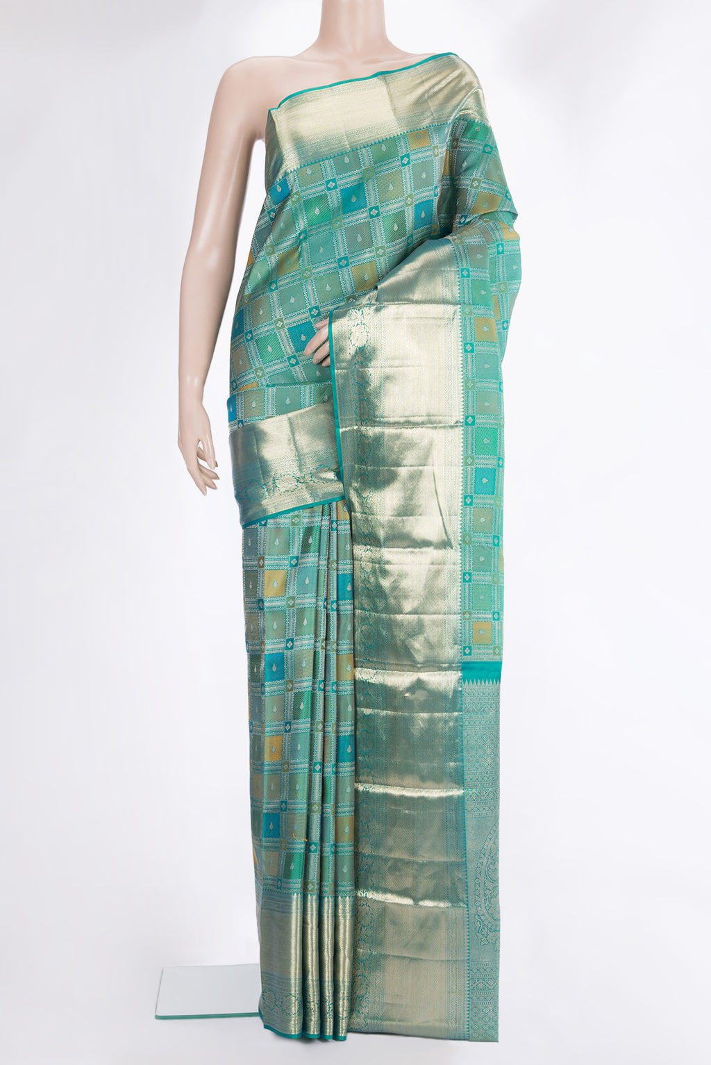 Pure Silk Peacock Blue Dual Tone Kanjivaram Saree with Zari Brocade on the body and Zari Border.  displayed on a mannequin
