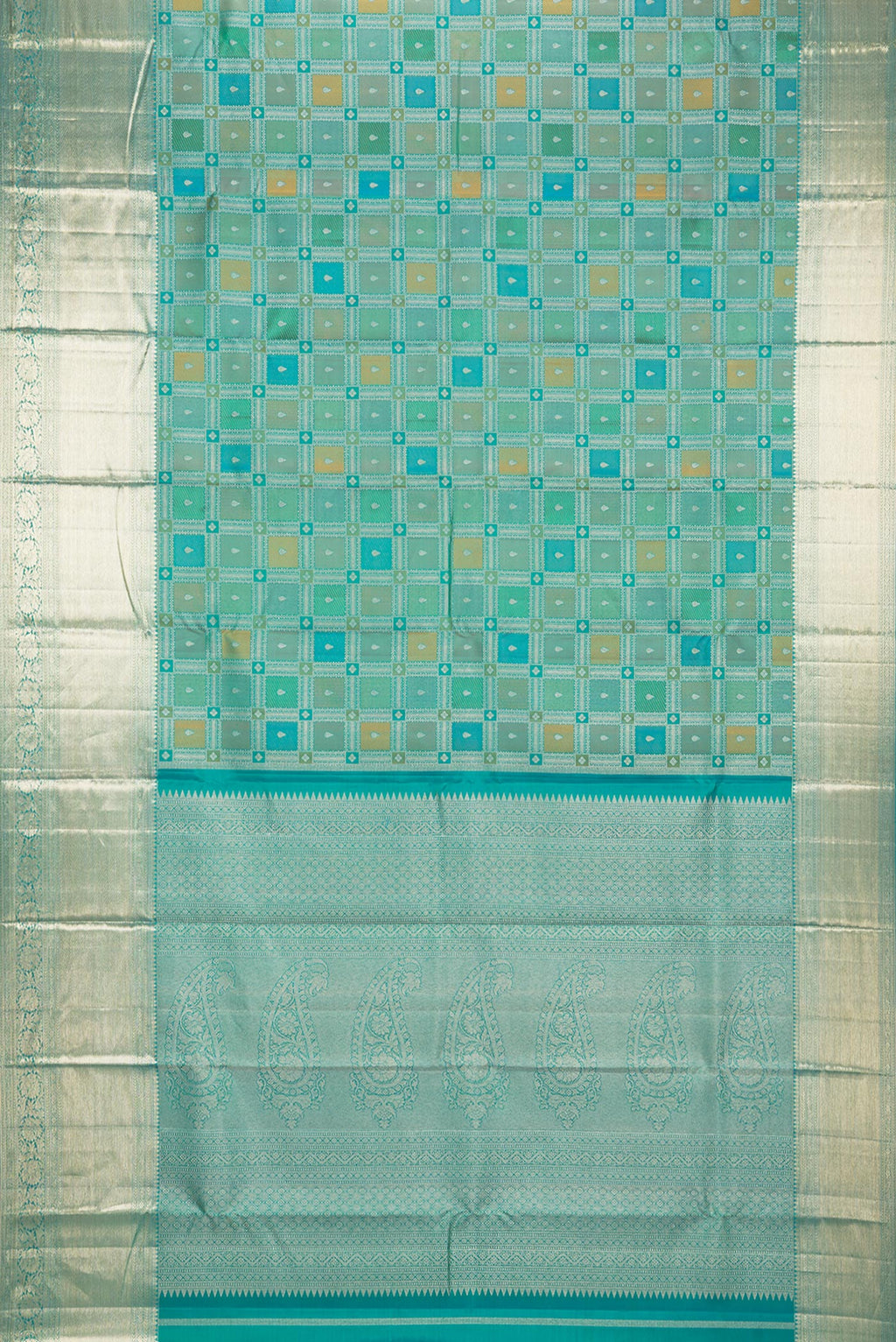 Flat view of Pure Silk Peacock Blue Dual Tone Kanjivaram Saree with Zari Brocade on the body and Zari Border. 