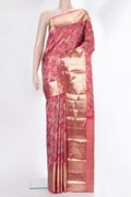 Pure Silk Coral Dual Tone Kanjivaram Saree with Zari Brocade on the body and Zari Border.  displayed on a mannequin