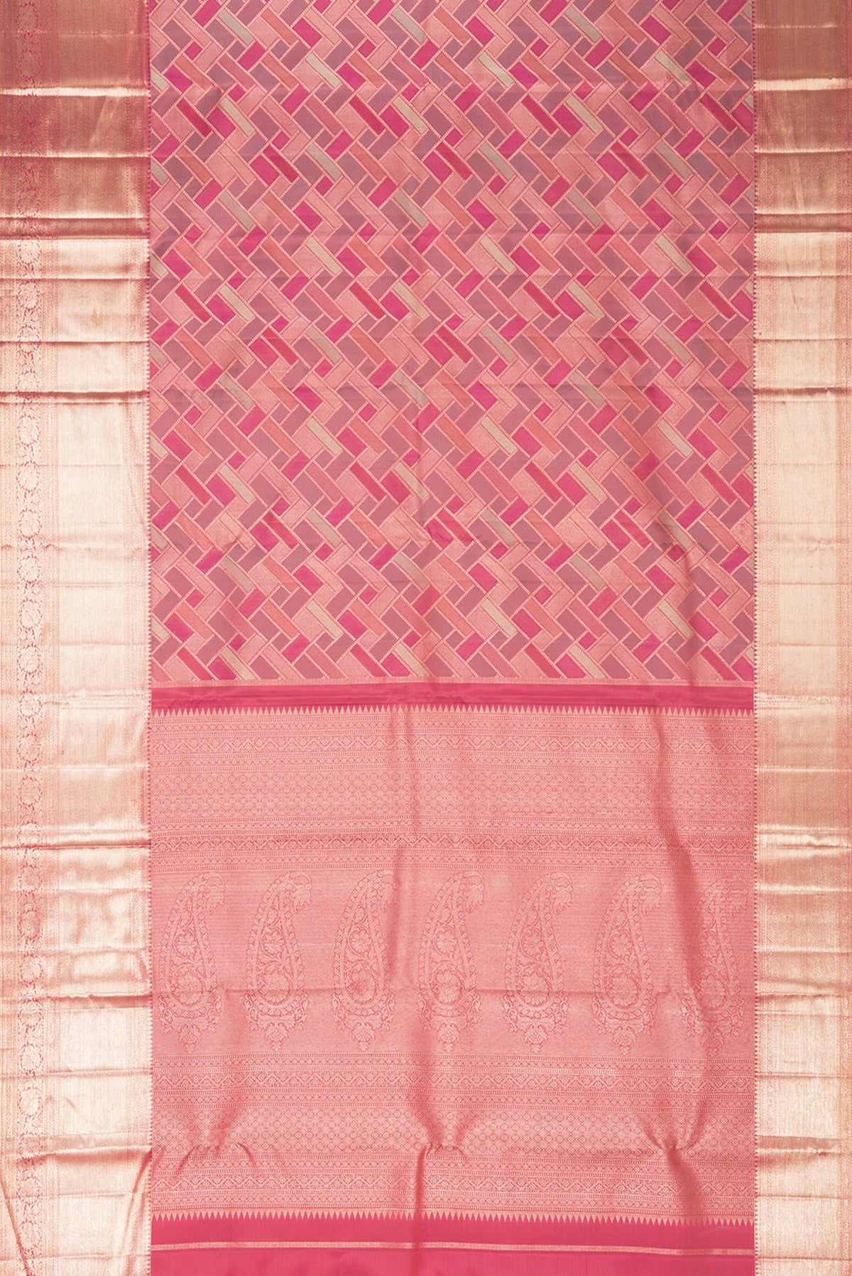 Flat view of Pure Silk Coral Dual Tone Kanjivaram Saree with Zari Brocade on the body and Zari Border. 
