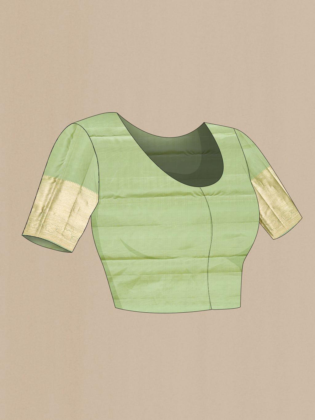 Close up image of the blouse of Pure Silk Pista Green Kanjivaram Saree with Zari Brocade on the body and Zari Border. 