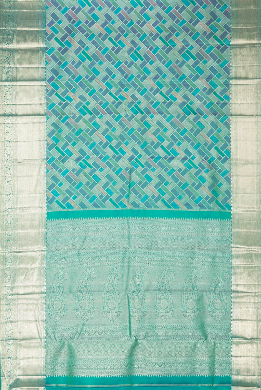 Flat view of Pure Silk Sea Green Dual Tone Kanjivaram Saree with Zari Brocade on the body and Fancy Border. 