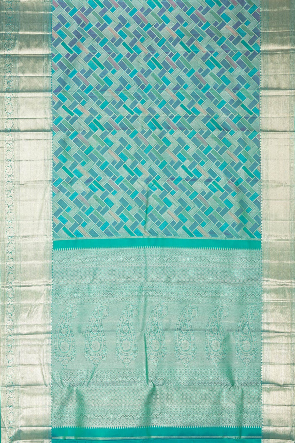 Flat view of Pure Silk Sea Green Dual Tone Kanjivaram Saree with Zari Brocade on the body and Fancy Border. 