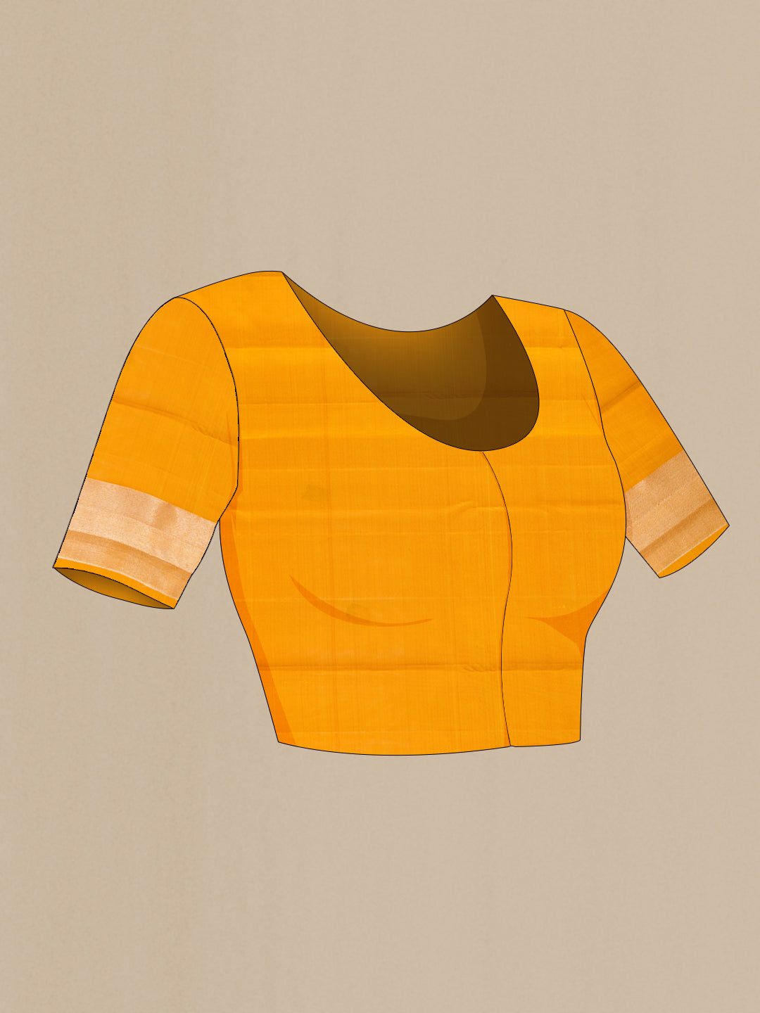 Close up image of the blouse of Pure Silk Mustard Kanjivaram Saree with Zari Brocade on the body and Without Border. 