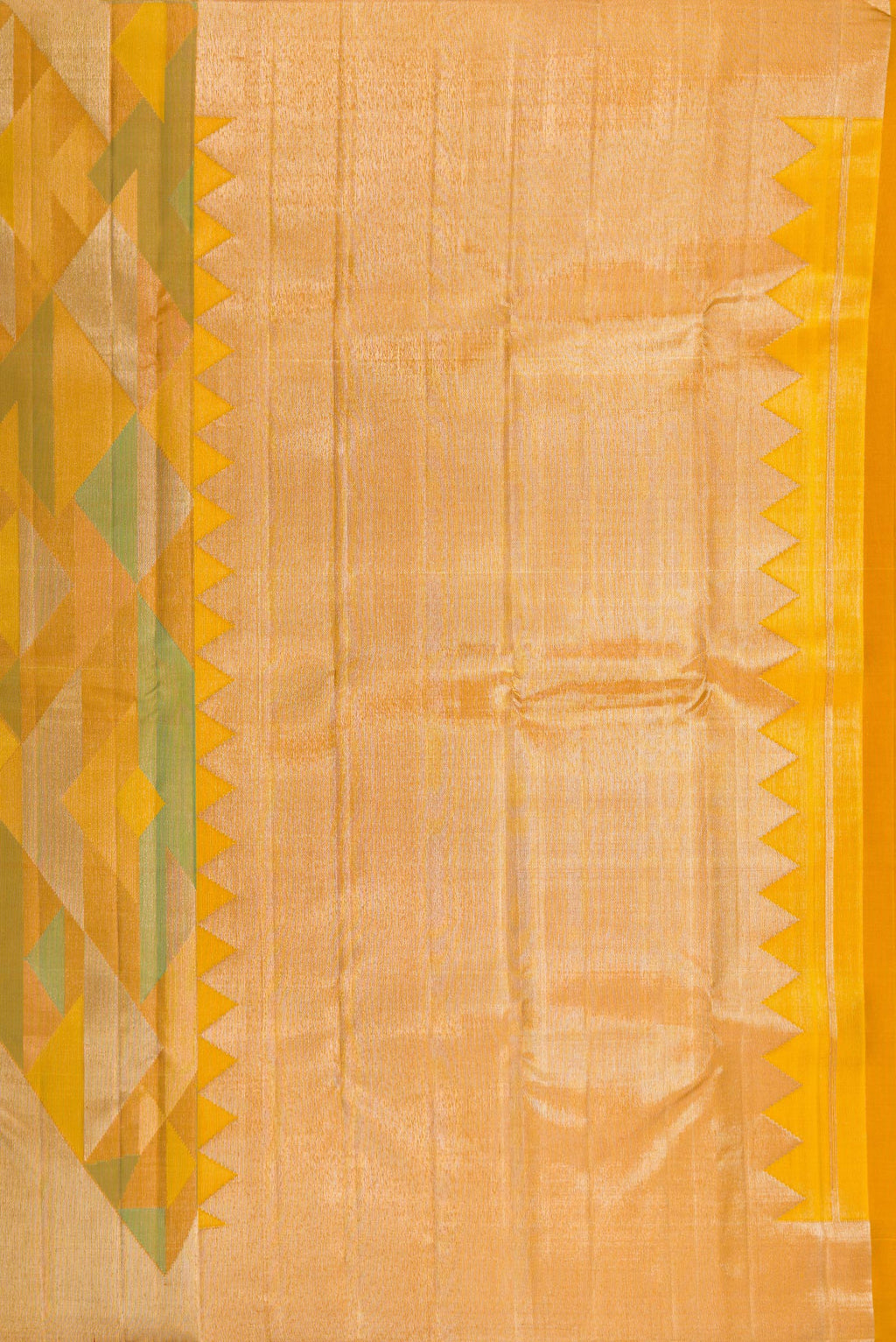 Close up image of the pallu of Pure Silk Mustard Kanjivaram Saree with Zari Brocade on the body and Without Border. 