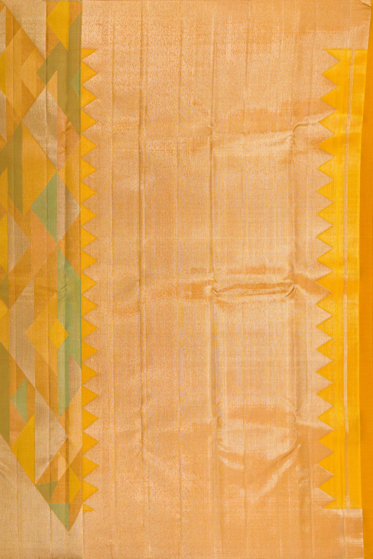 Close up image of the pallu of Pure Silk Mustard Kanjivaram Saree with Zari Brocade on the body and Without Border. 