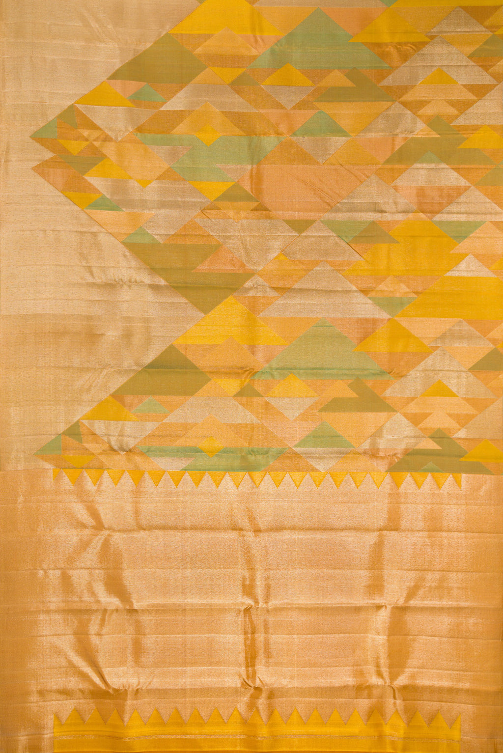 Flat view of Pure Silk Mustard Kanjivaram Saree with Zari Brocade on the body and Without Border. 