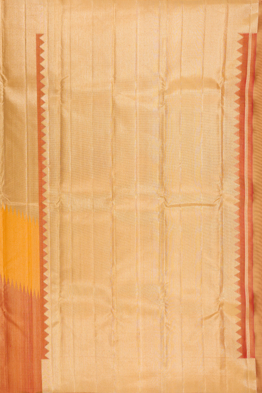 Close up image of the pallu of Pure Silk Multi Color Kanjivaram Saree with Zari Brocade on the body and Without Border. 