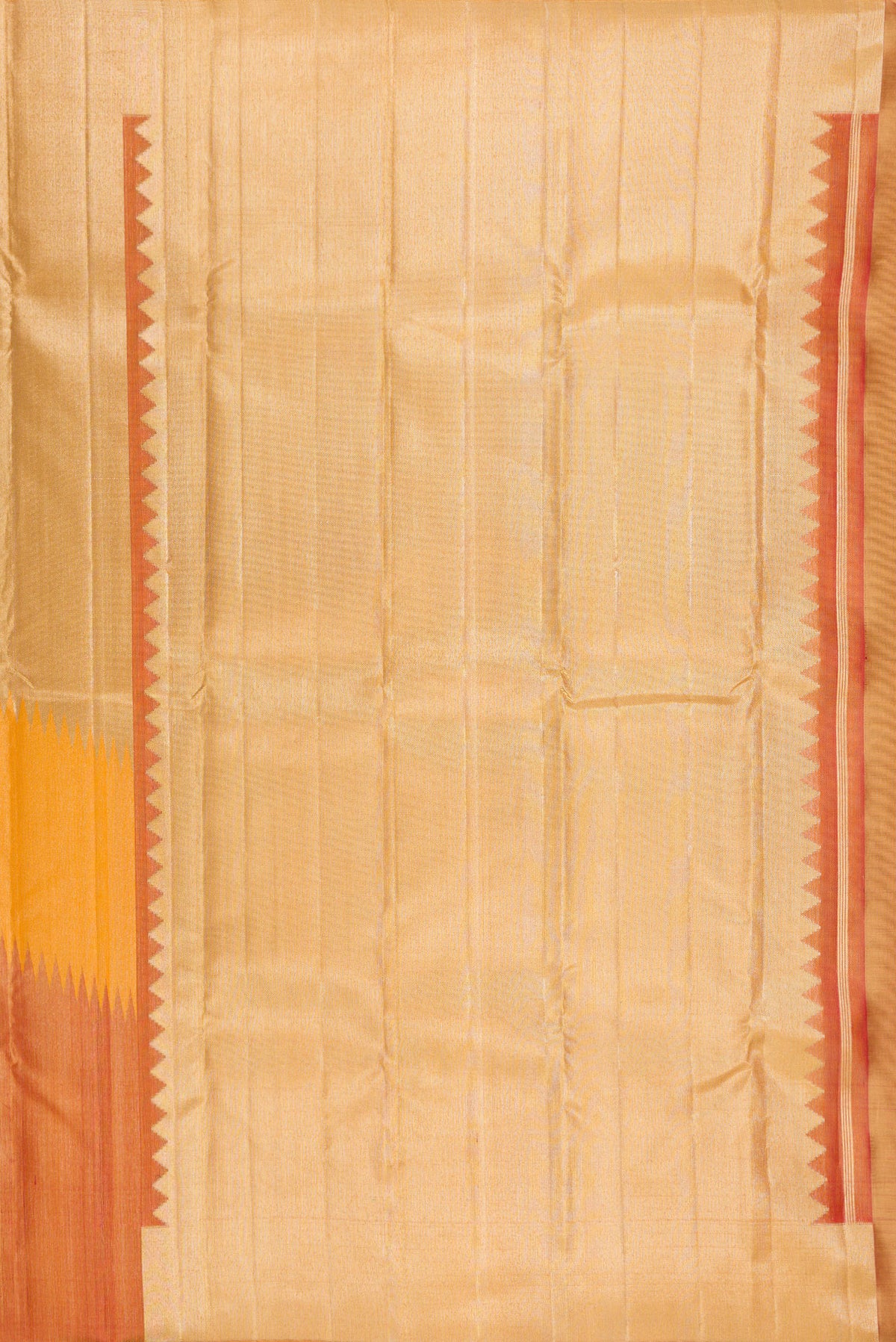 Close up image of the pallu of Pure Silk Multi Color Kanjivaram Saree with Zari Brocade on the body and Without Border. 