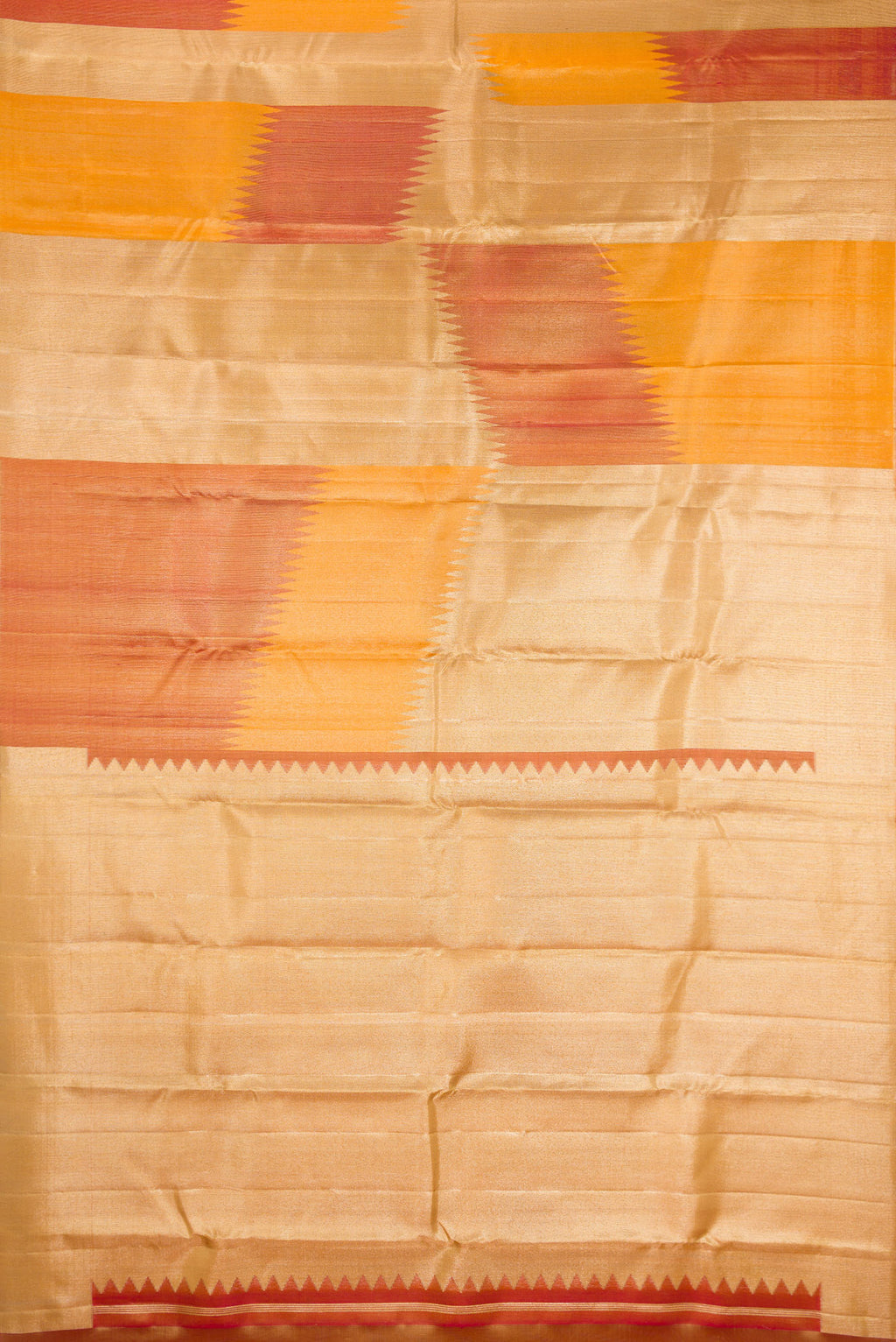 Flat view of Pure Silk Multi Color Kanjivaram Saree with Zari Brocade on the body and Without Border. 