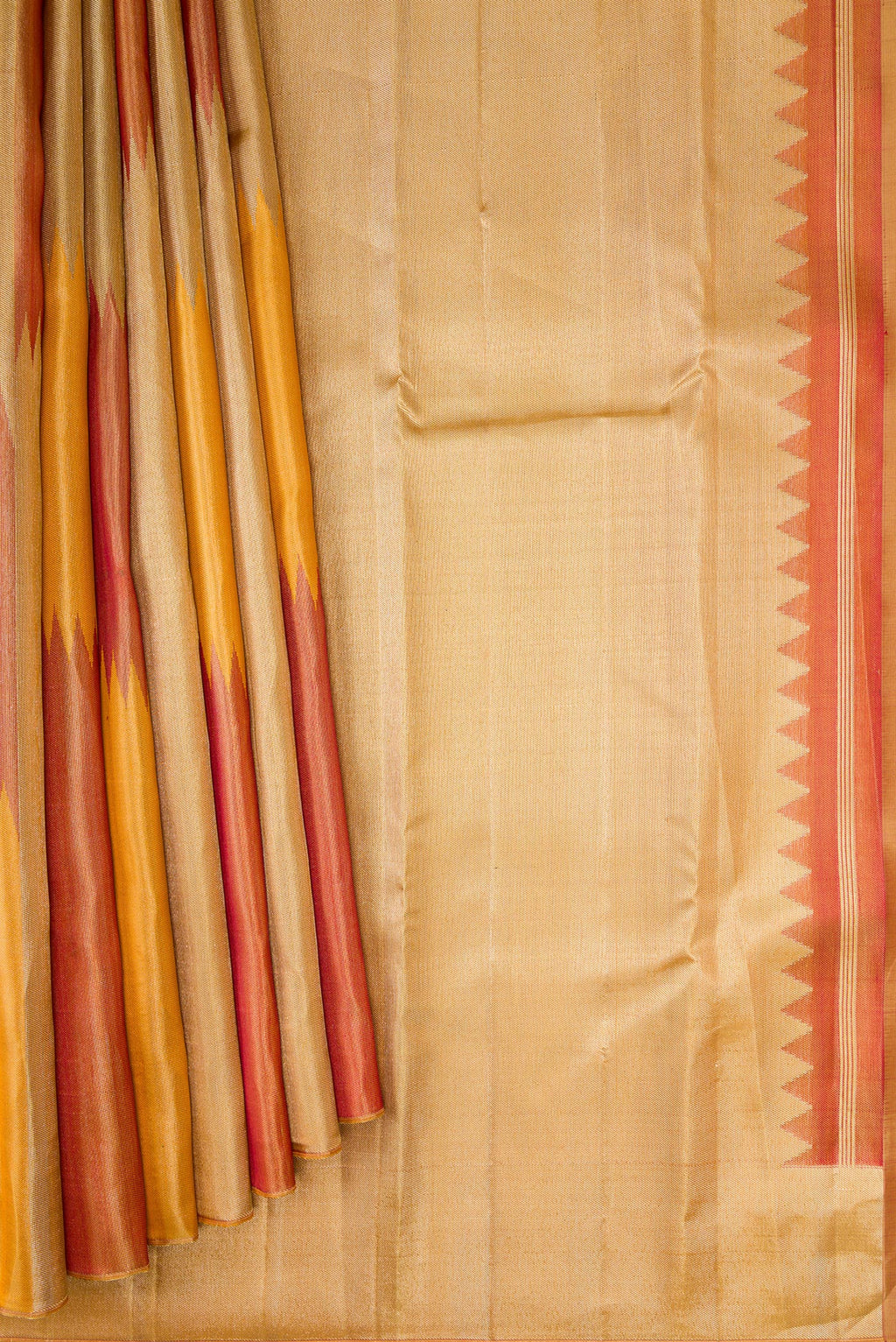 Pleats and pallu of Pure Silk Multi Color Kanjivaram Saree with Zari Brocade on the body and Without Border. 